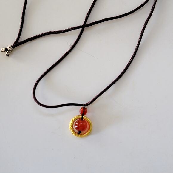 Handmade Red Bead Pendant Necklace Gold Accent Dark Brown Cord Adjustable Style - Picture 5 of 10